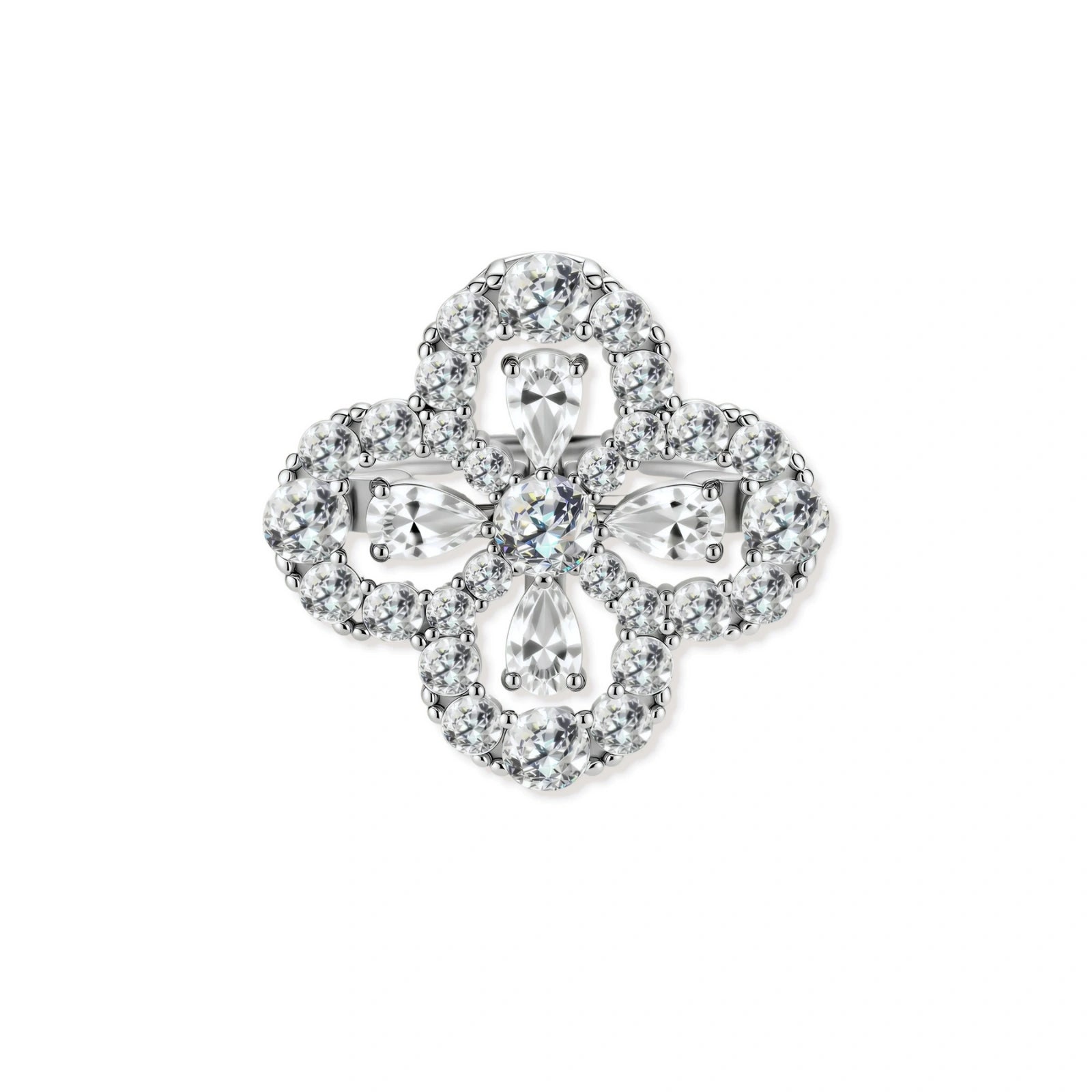 Adjustable sterling silver ring with quatrefoil design featuring brilliant moissanite stones in clover pattern