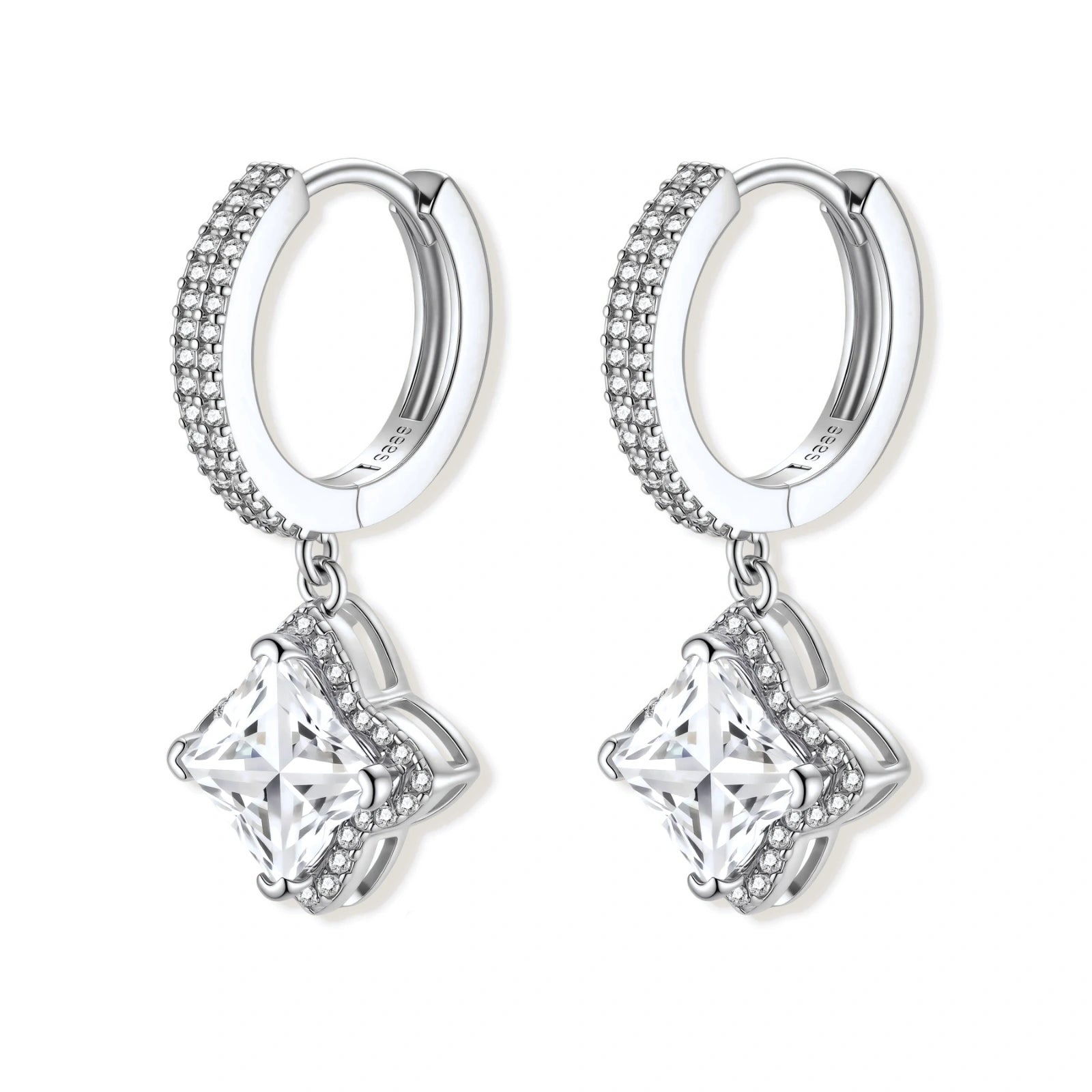 Sterling silver huggie hoops with geometric diamond-shaped moissanite dangles featuring pavé crystal details