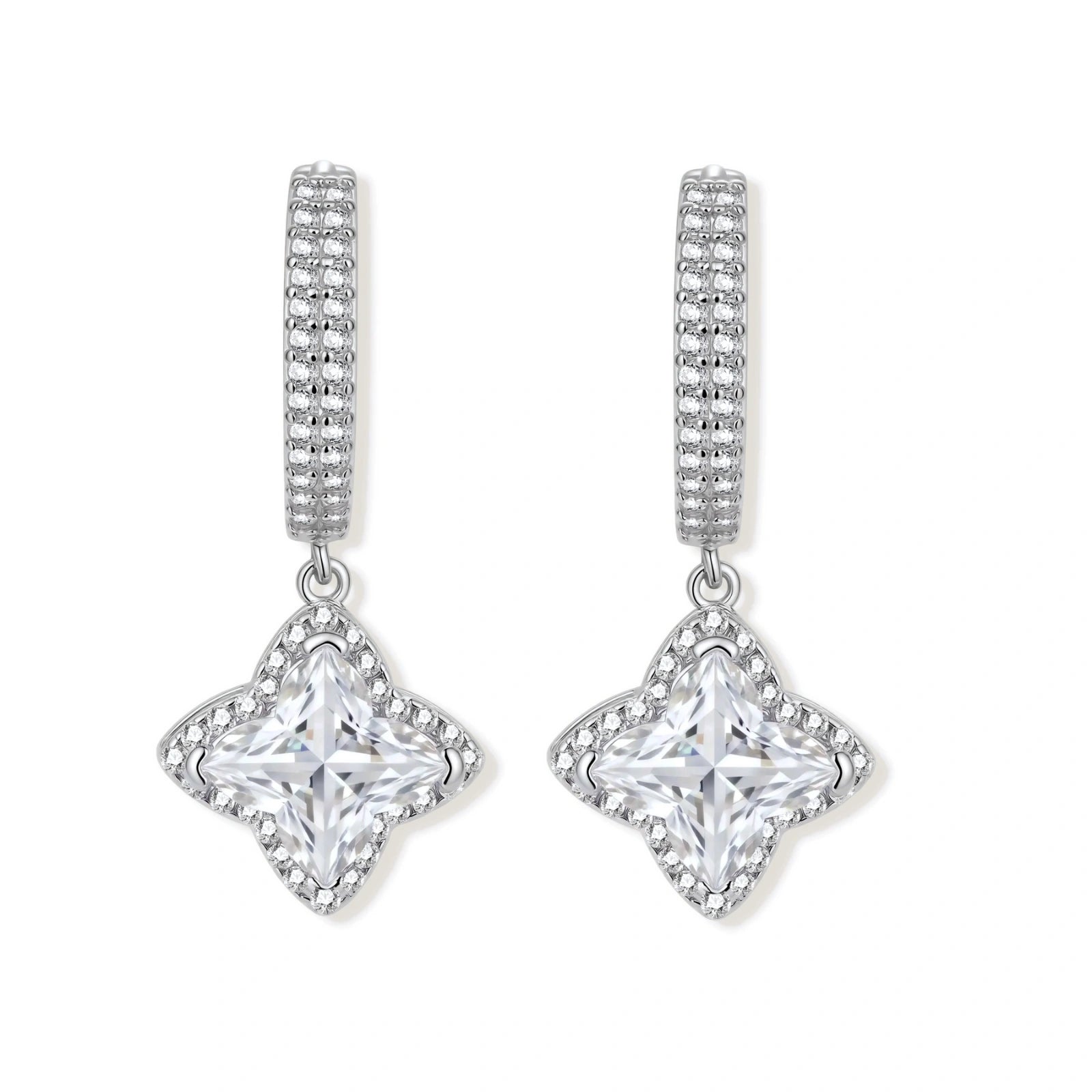 Sterling silver huggie hoops with geometric diamond-shaped moissanite dangles featuring pavé crystal details
