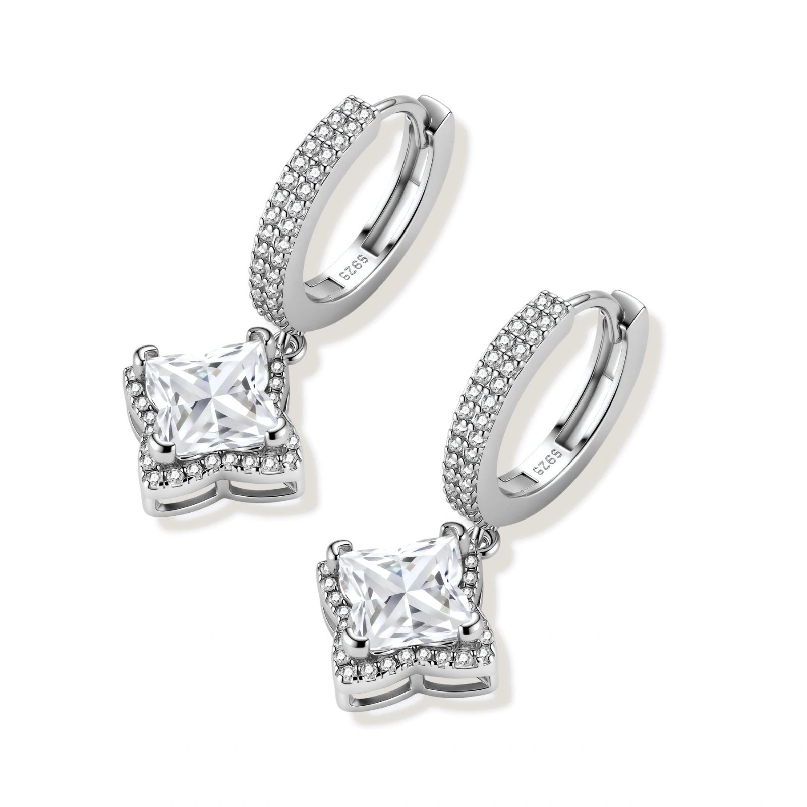 Sterling silver huggie hoops with geometric diamond-shaped moissanite dangles featuring pavé crystal details