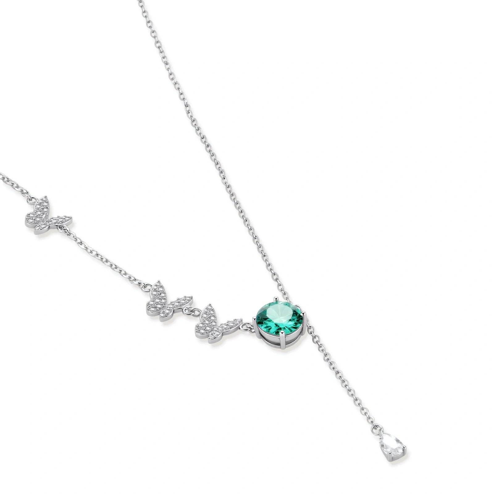 Sterling silver necklace with butterfly charms, green moissanite center stone, and teardrop crystal pendant on white background.