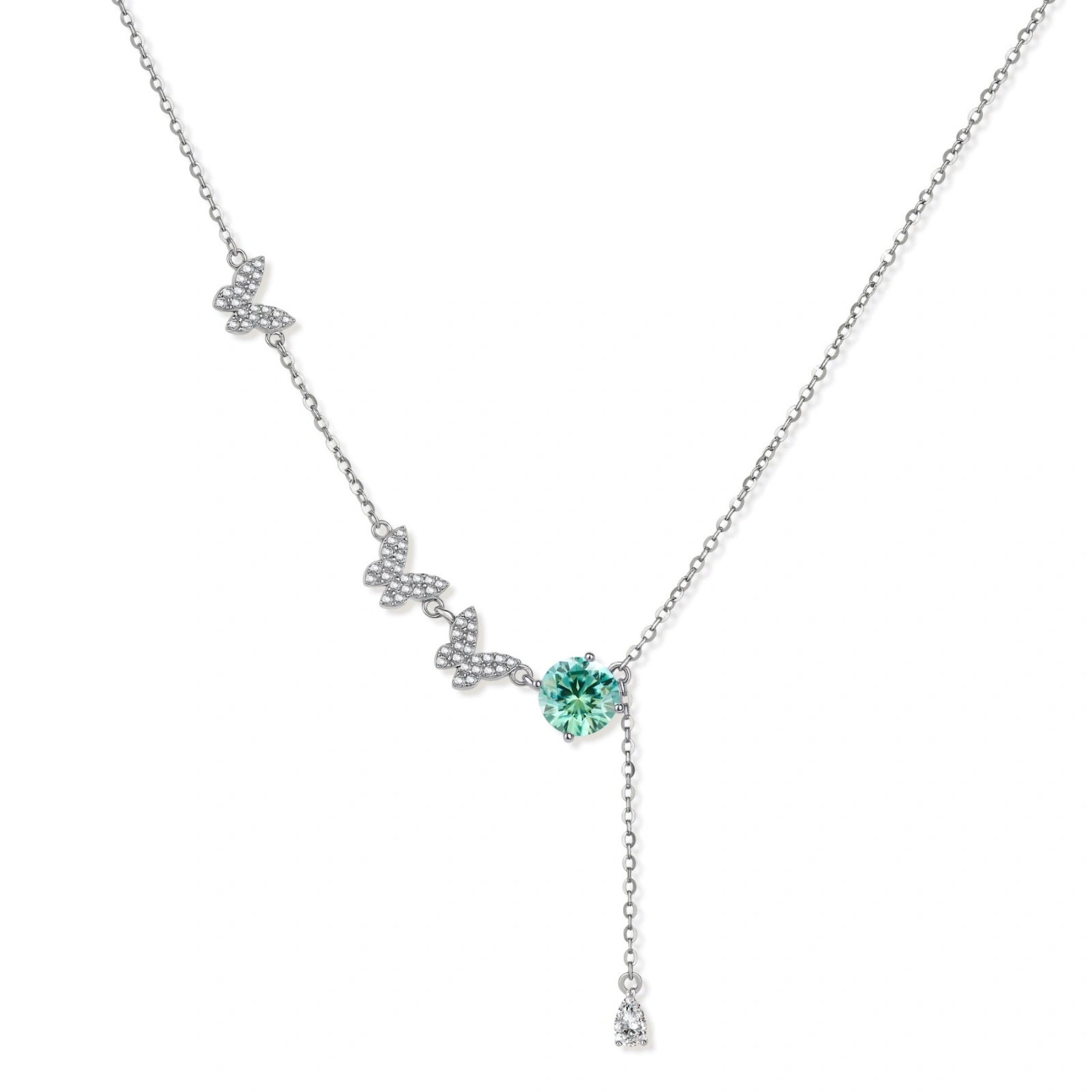Sterling silver necklace with butterfly charms, green moissanite center stone, and teardrop crystal pendant on white background.