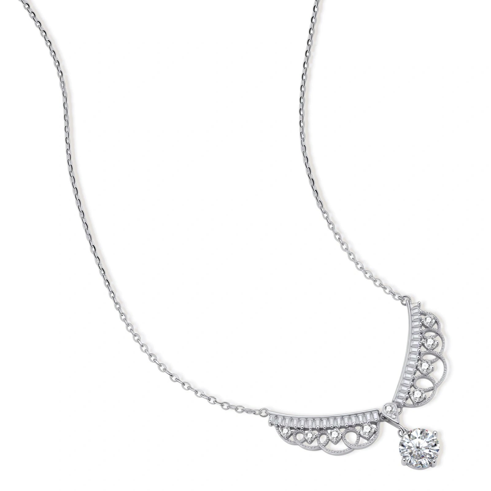 Delicate sterling silver necklace with intricate angel wing pendant featuring brilliant moissanite stones in openwork design