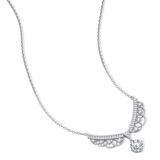 Delicate sterling silver necklace with intricate angel wing pendant featuring brilliant moissanite stones in openwork design