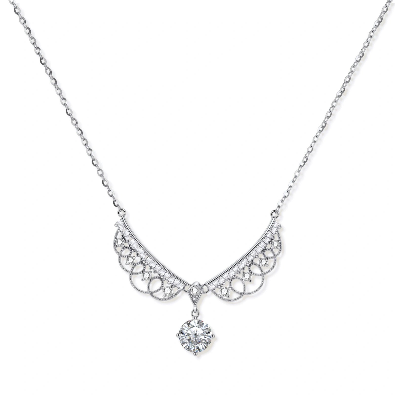 Delicate sterling silver necklace with intricate angel wing pendant featuring brilliant moissanite stones in openwork design