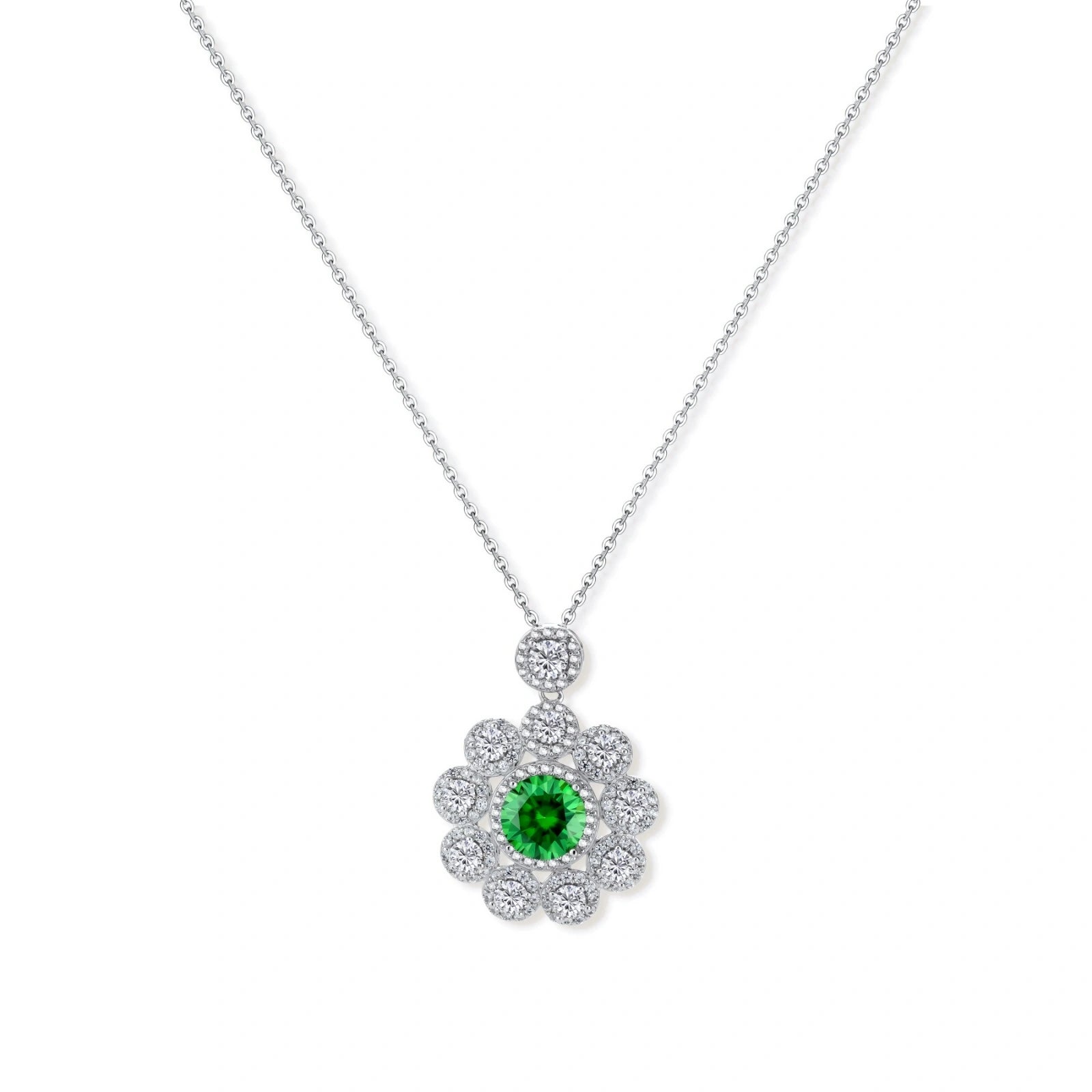 Delicate sterling silver necklace with flower-shaped pendant featuring bright green center moissanite and clear accent stones