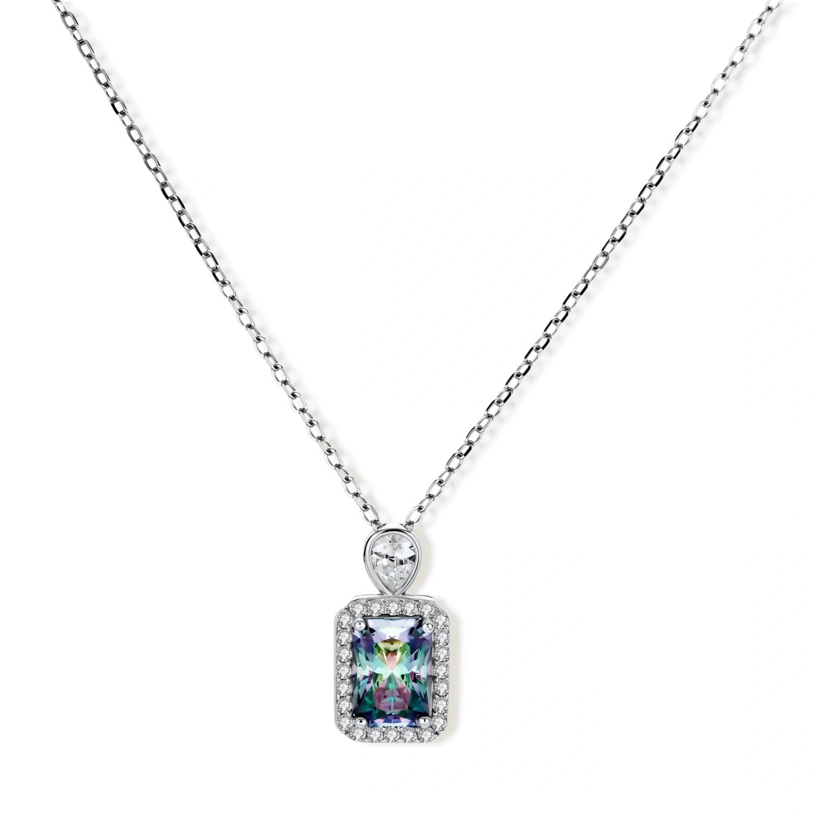 Sterling silver necklace with rectangular rainbow moissanite pendant and teardrop accent stone on white background