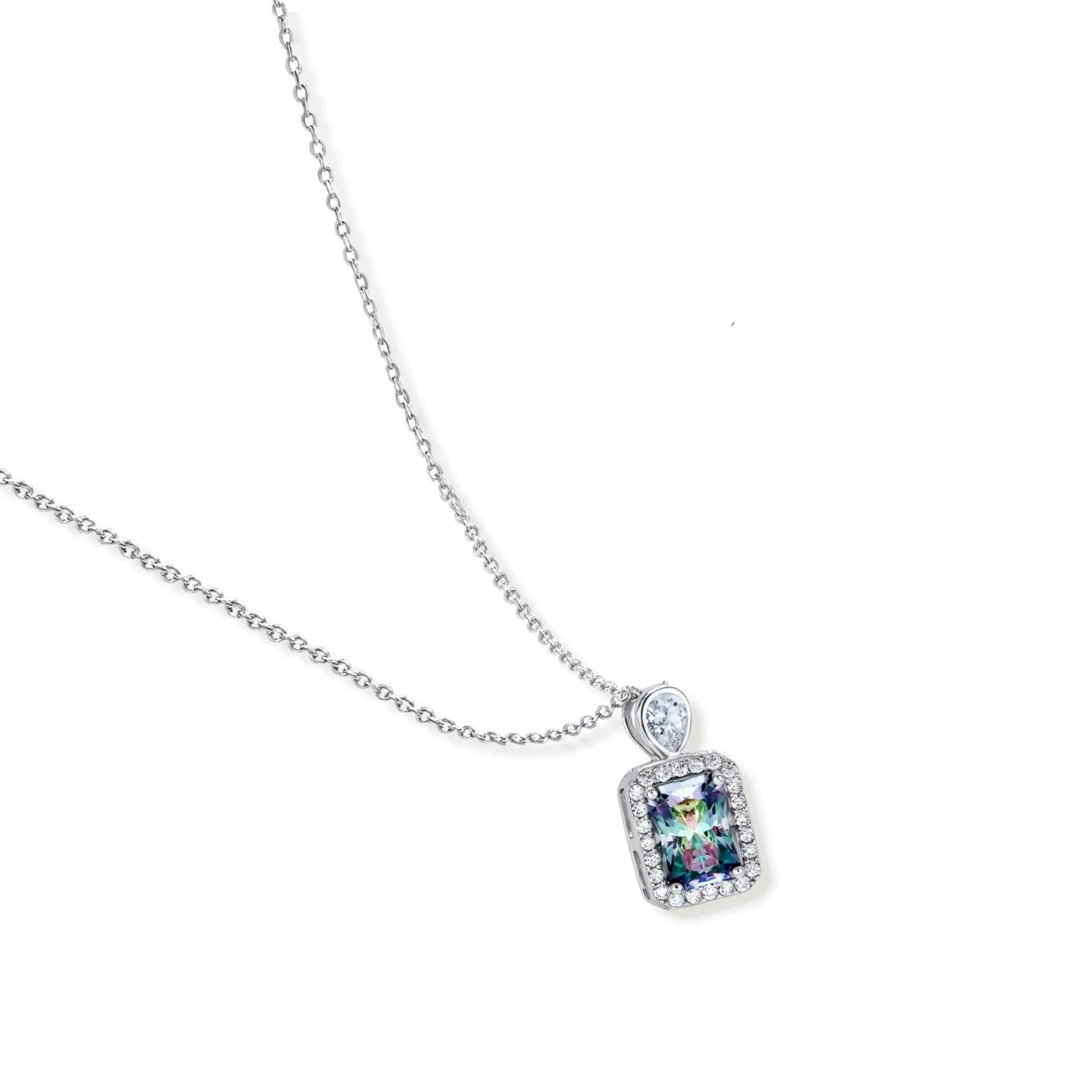 Sterling silver necklace with rectangular rainbow moissanite pendant and teardrop accent stone on white background