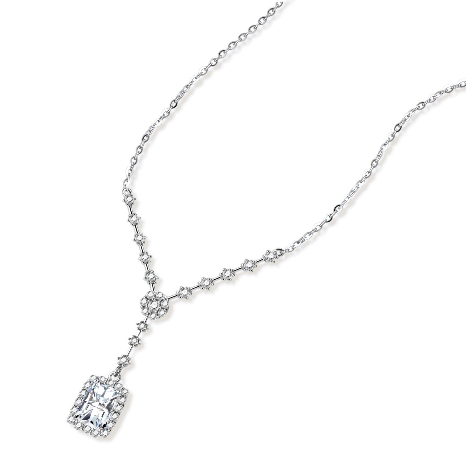 Sterling silver Y-necklace with rectangular moissanite pendant in halo setting and cascading accent stones on white background.