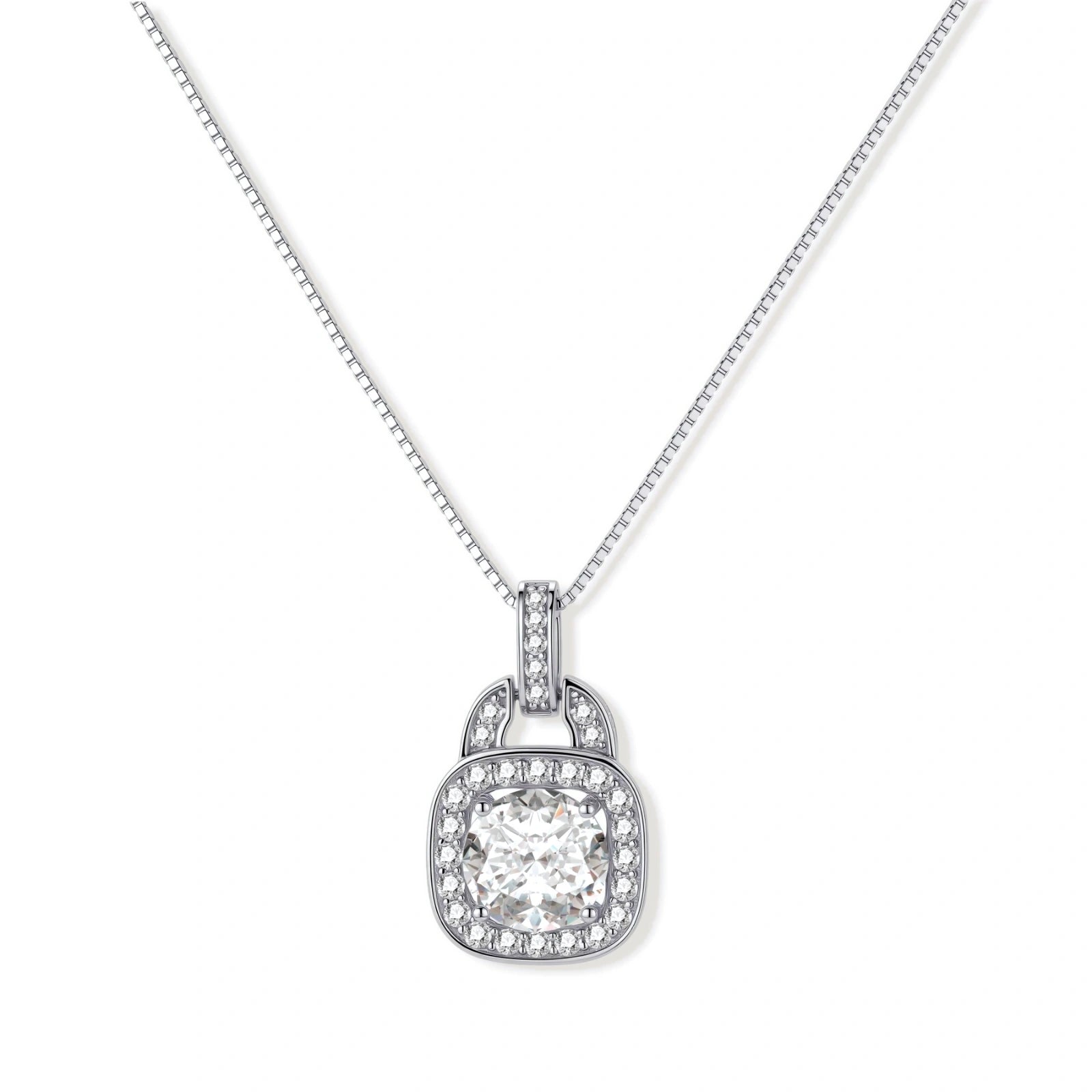 Sterling silver cushion halo pendant necklace featuring 2ct moissanite center stone with delicate box chain on neutral background.