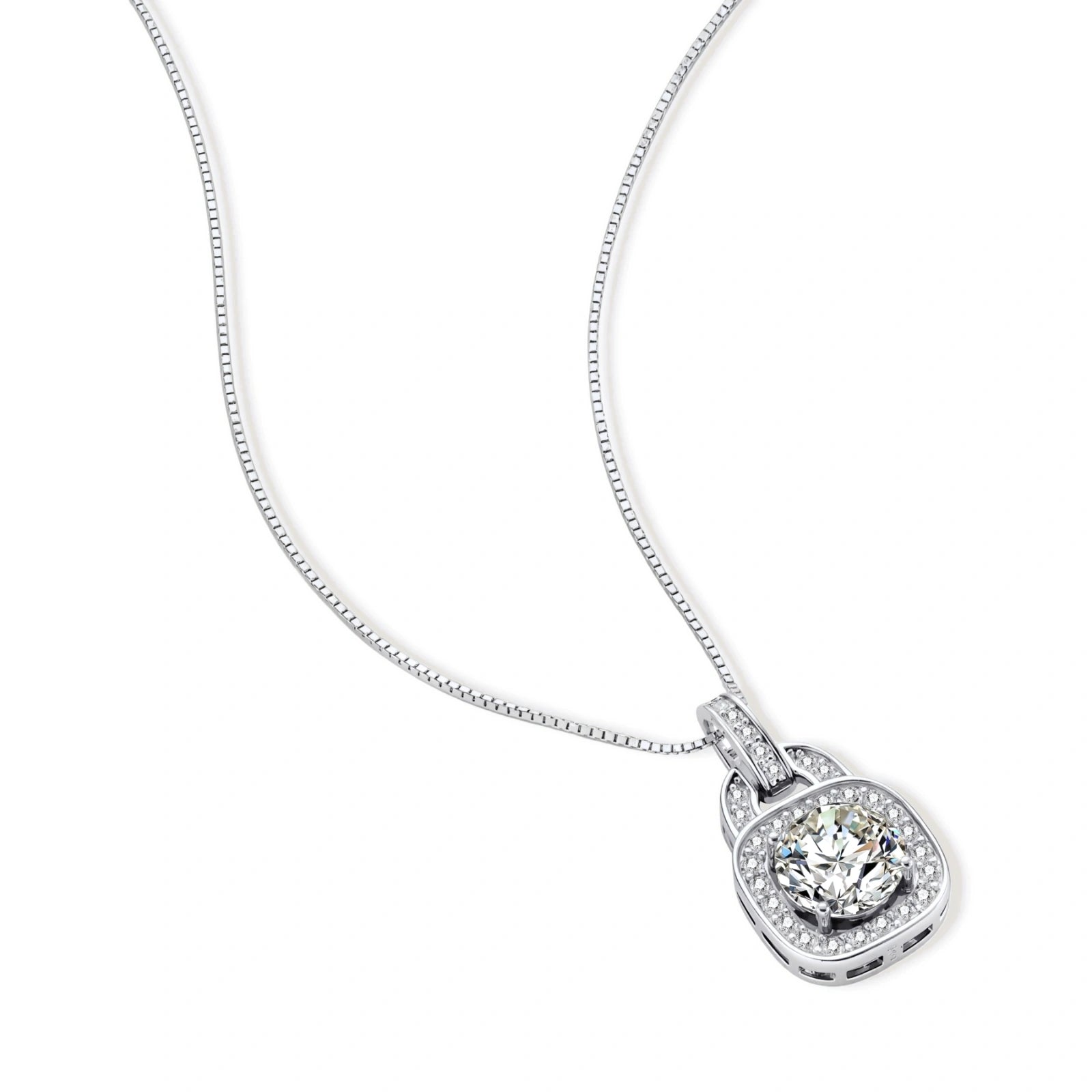Sterling silver cushion halo pendant necklace featuring 2ct moissanite center stone with delicate box chain on neutral background.