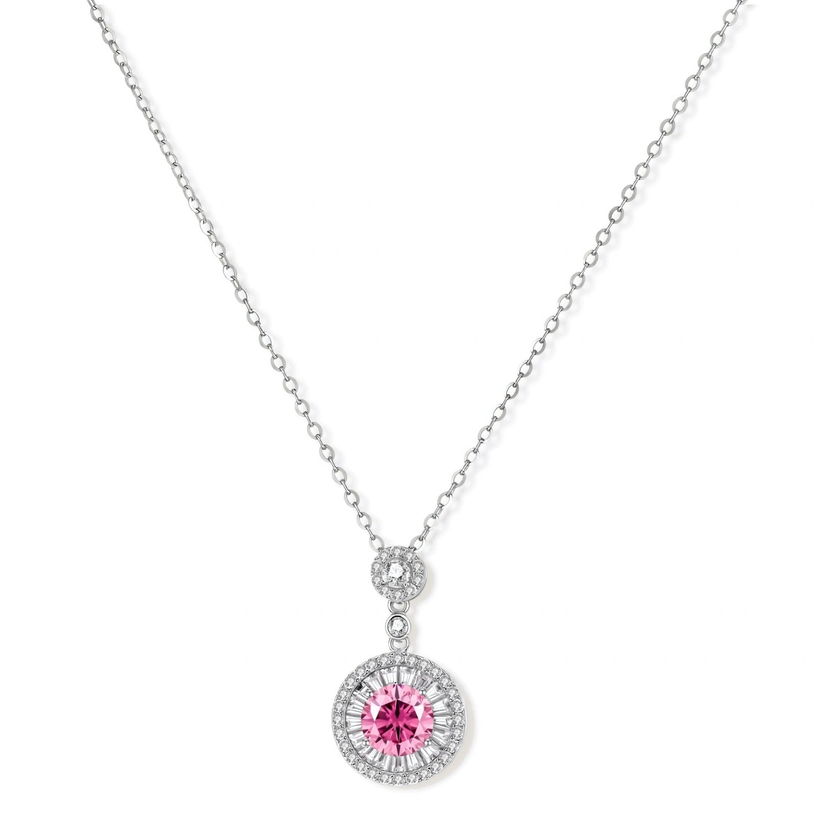 Sterling silver pendant necklace with pink moissanite center stone and clear crystal halo setting on neutral background.