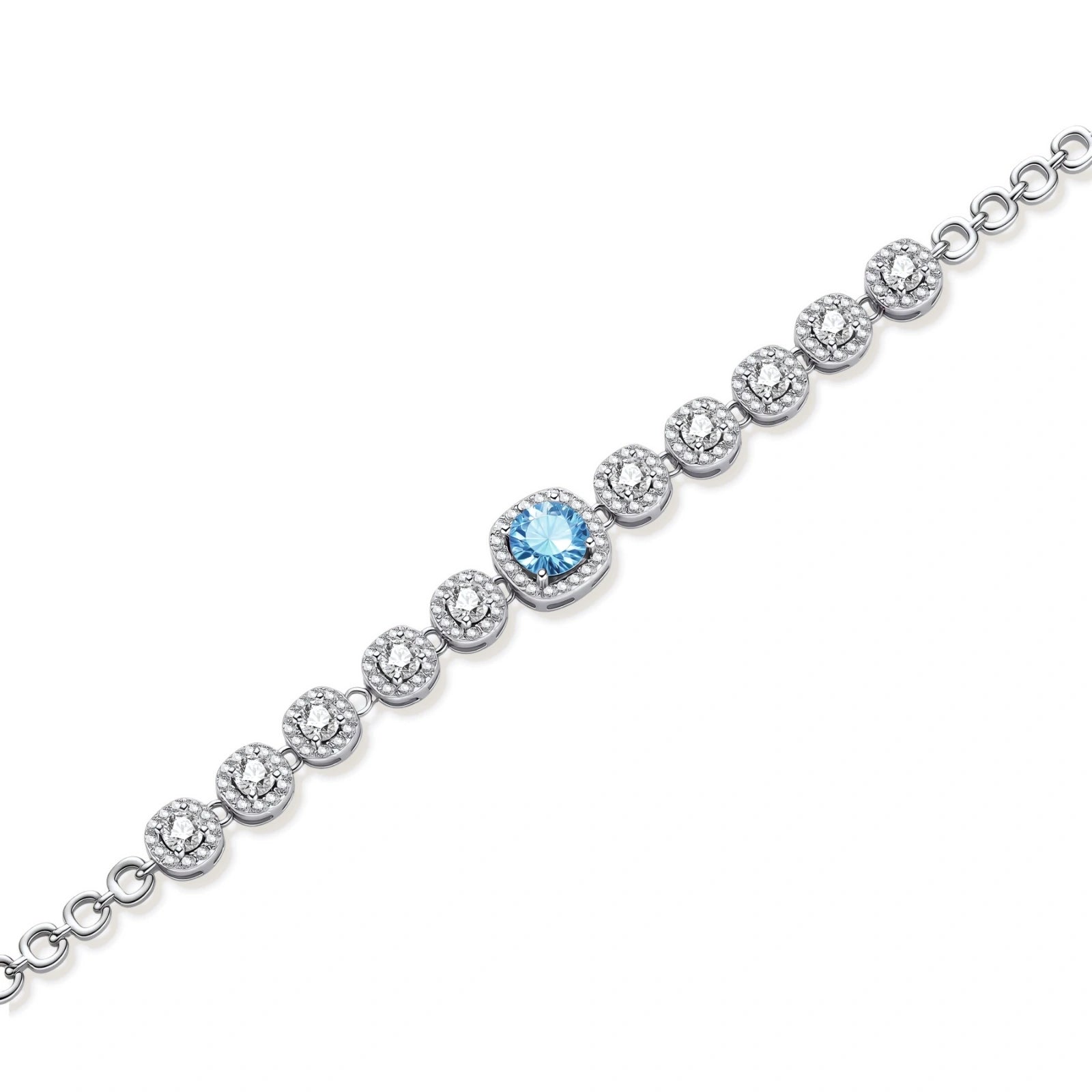 Sterling silver tennis bracelet with round halo-set moissanite stones and blue center stone on cream background.