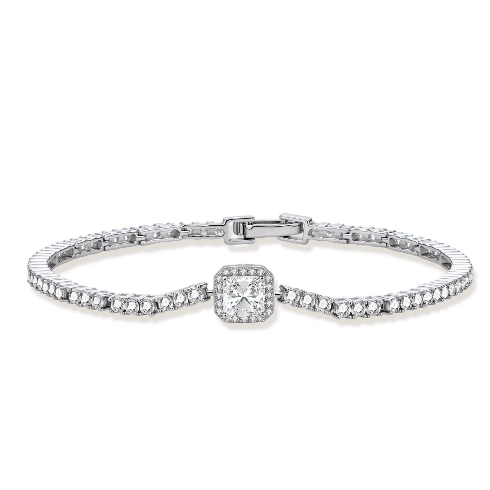 Sterling silver tennis bracelet with cushion-cut moissanite centerpiece surrounded by smaller stones in continuous setting