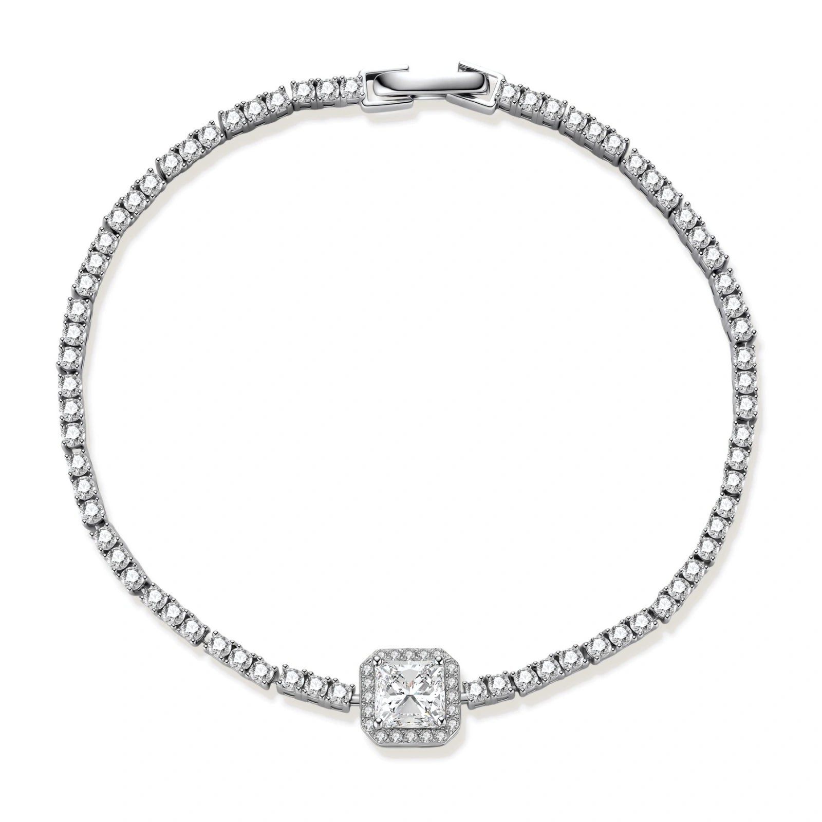 Sterling silver tennis bracelet with cushion-cut moissanite centerpiece surrounded by smaller stones in continuous setting