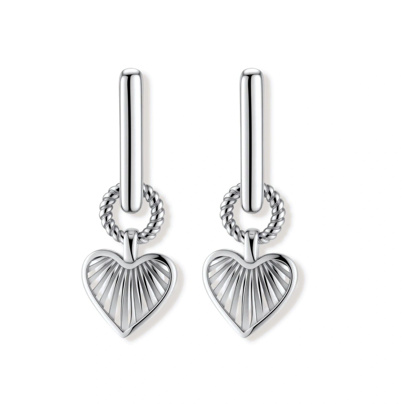 Platinum-plated 925 sterling silver rectangular hoop earrings with twisted ring connector and ribbed heart charm pendant.