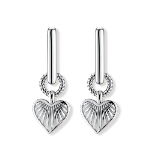 Platinum-plated 925 sterling silver rectangular hoop earrings with twisted ring connector and ribbed heart charm pendant.