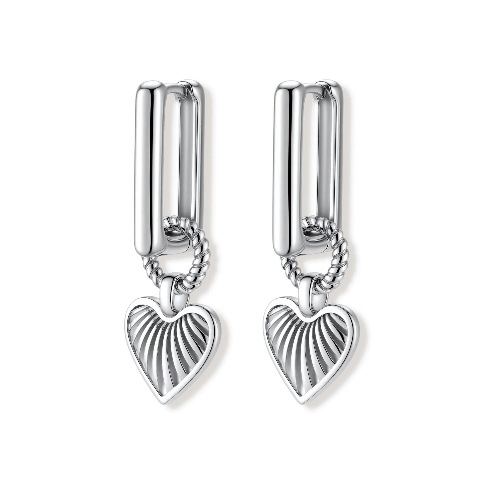 Platinum-plated 925 sterling silver rectangular hoop earrings with twisted ring connector and ribbed heart charm pendant.