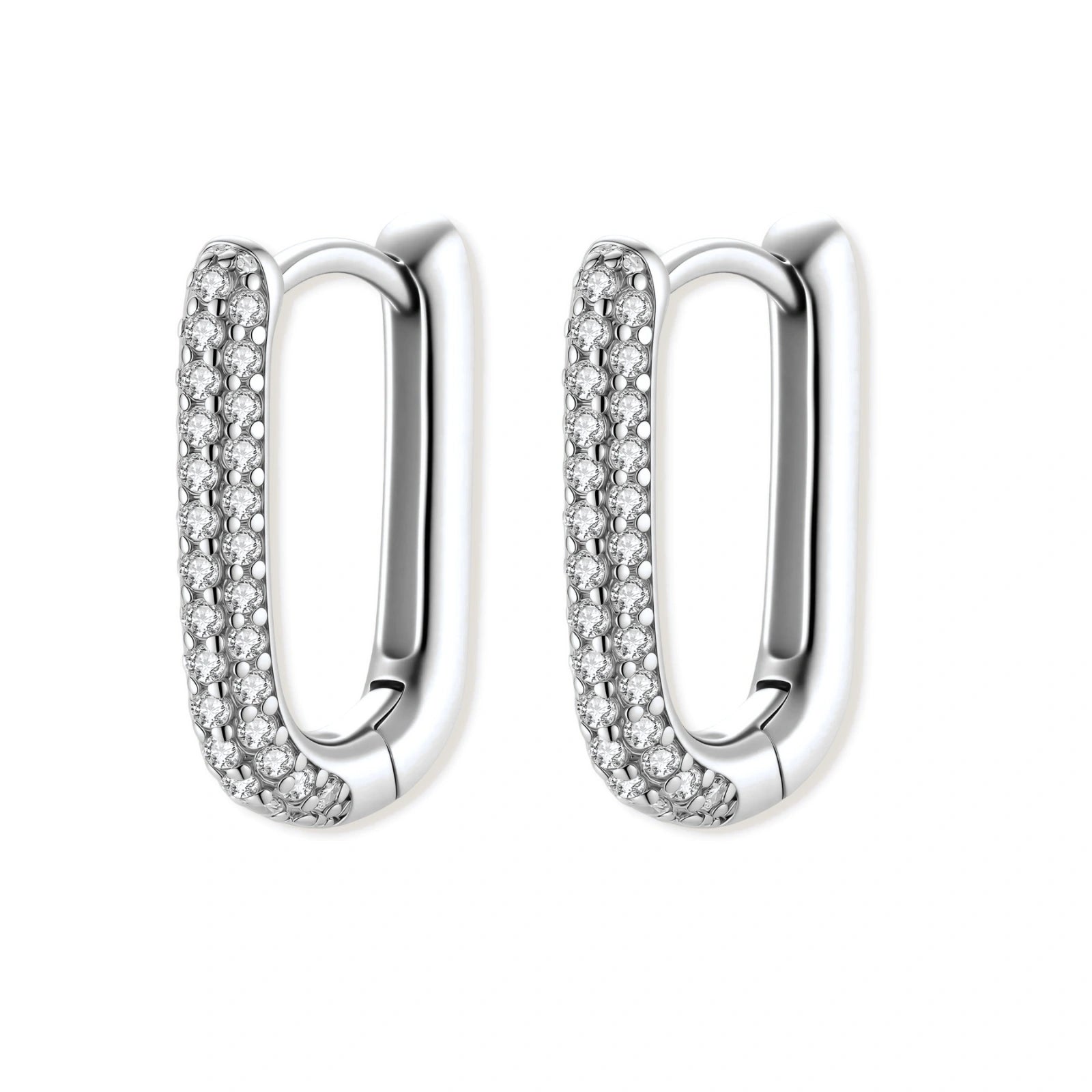 Close-up of platinum-plated sterling silver huggie hoops with pavé crystal setting on white background.
