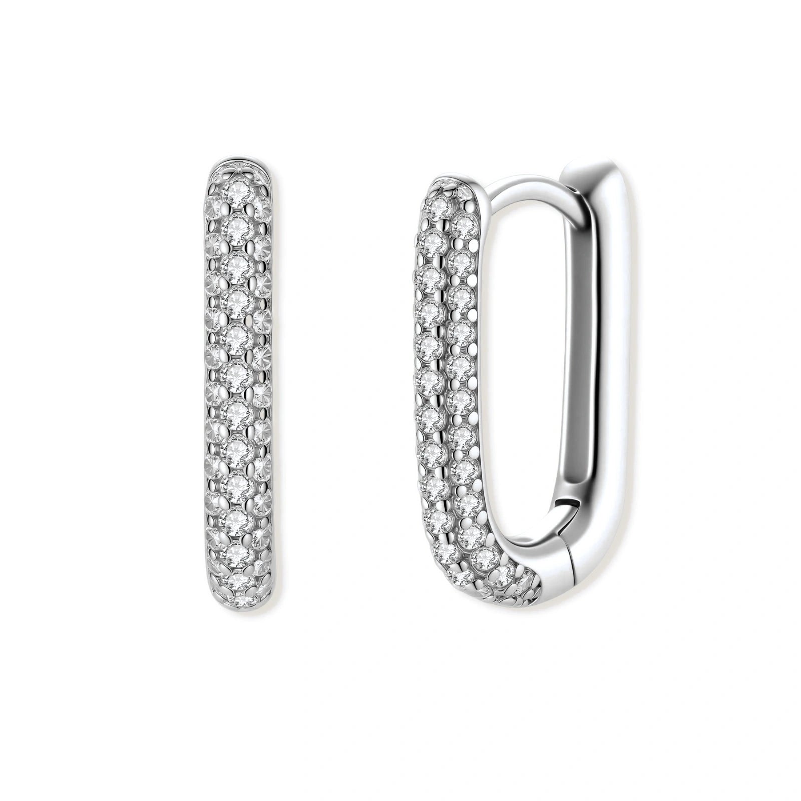 Close-up of platinum-plated sterling silver huggie hoops with pavé crystal setting on white background.