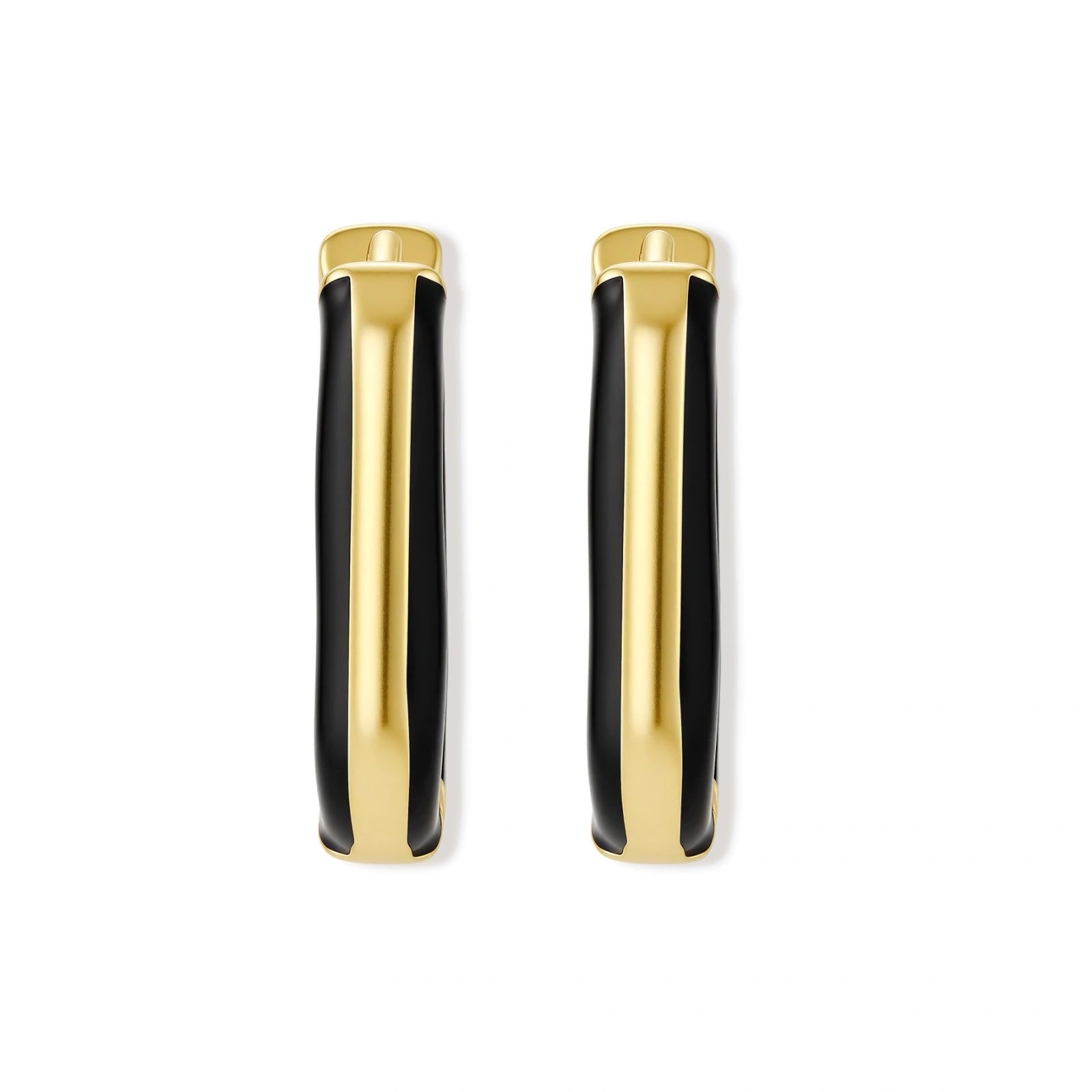 Modern hoop earrings with gold-plated and black sections, featuring hinged closure on white background.