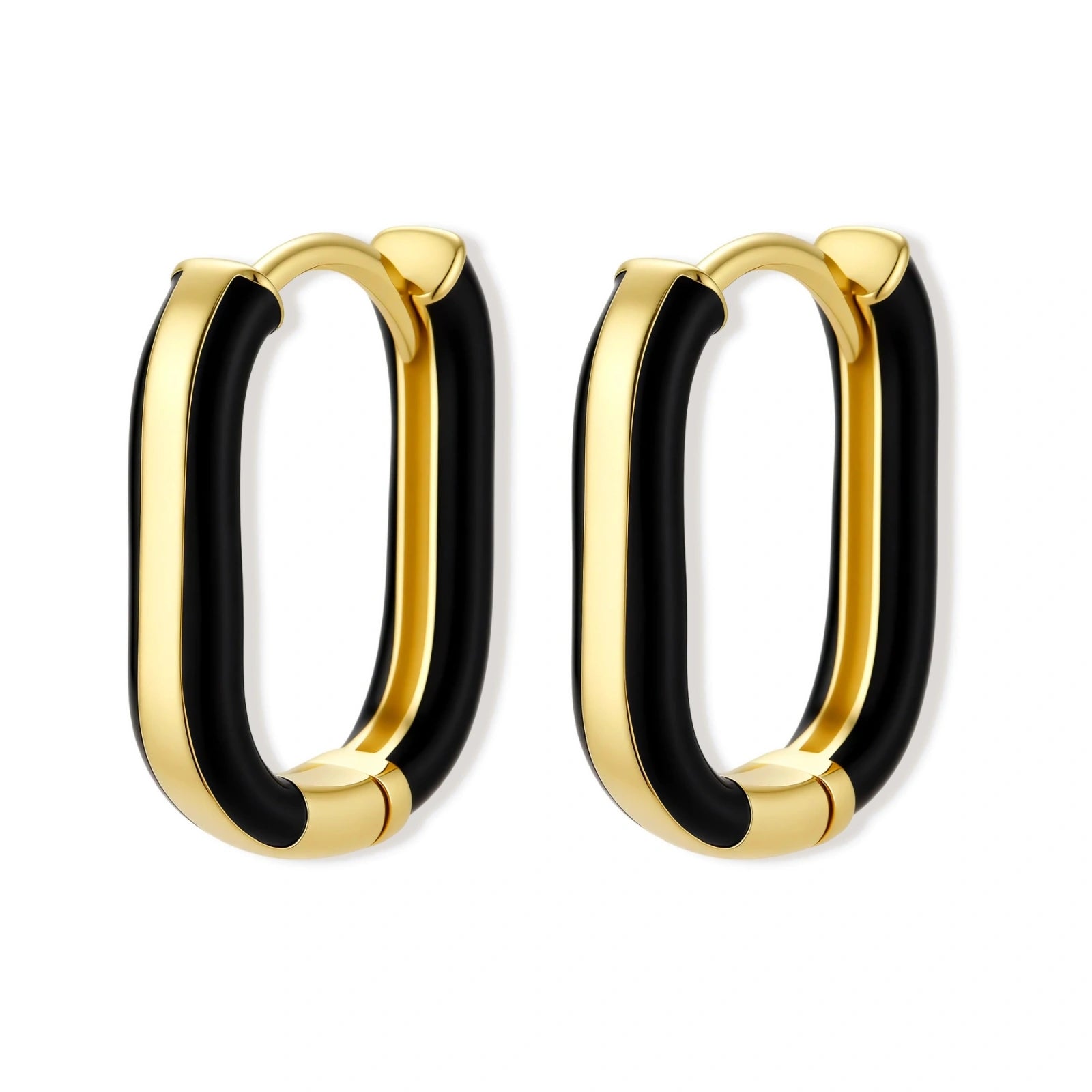 Modern hoop earrings with gold-plated and black sections, featuring hinged closure on white background.