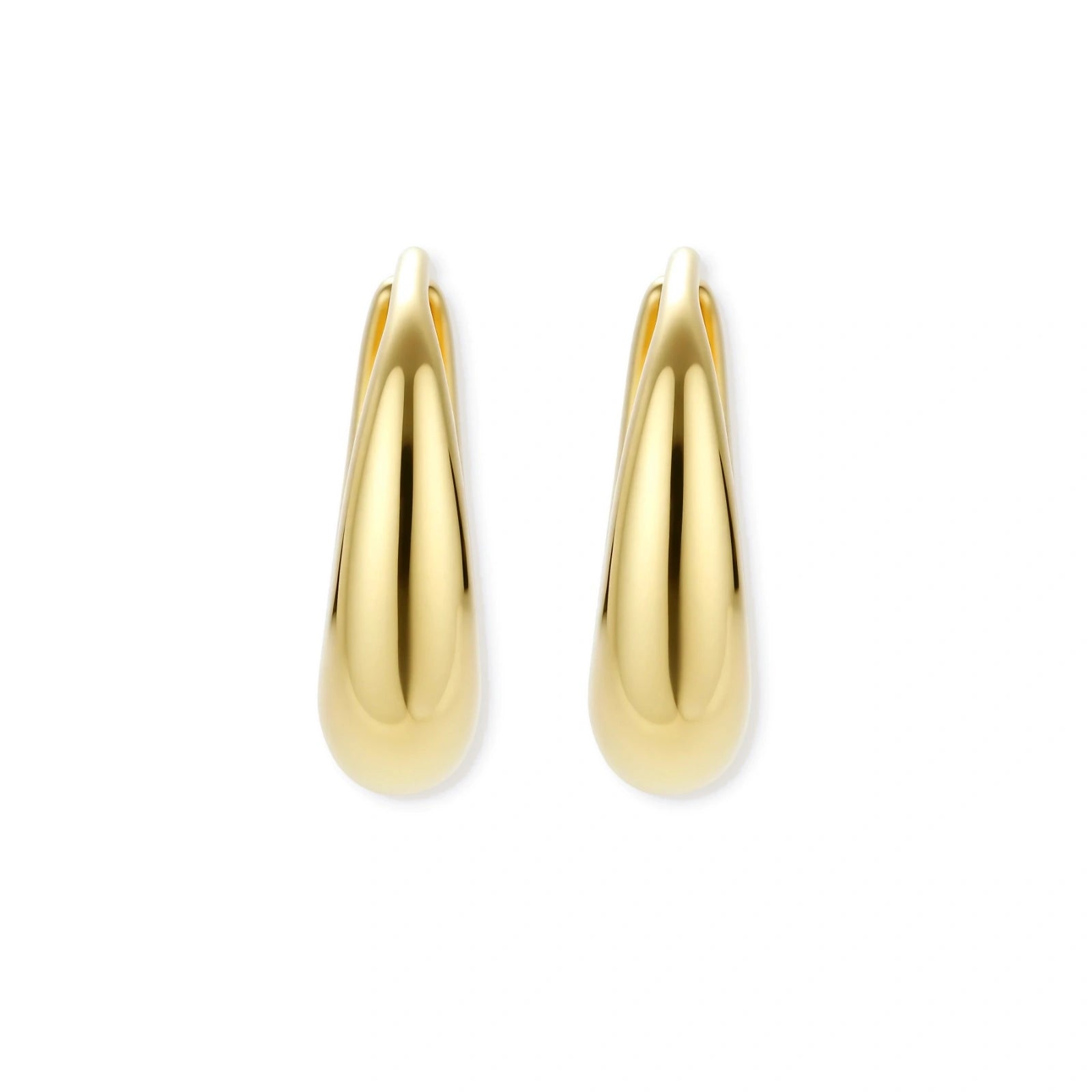Chunky gold-plated sterling silver huggie hoop earrings with hinged closure mechanism on cream background.