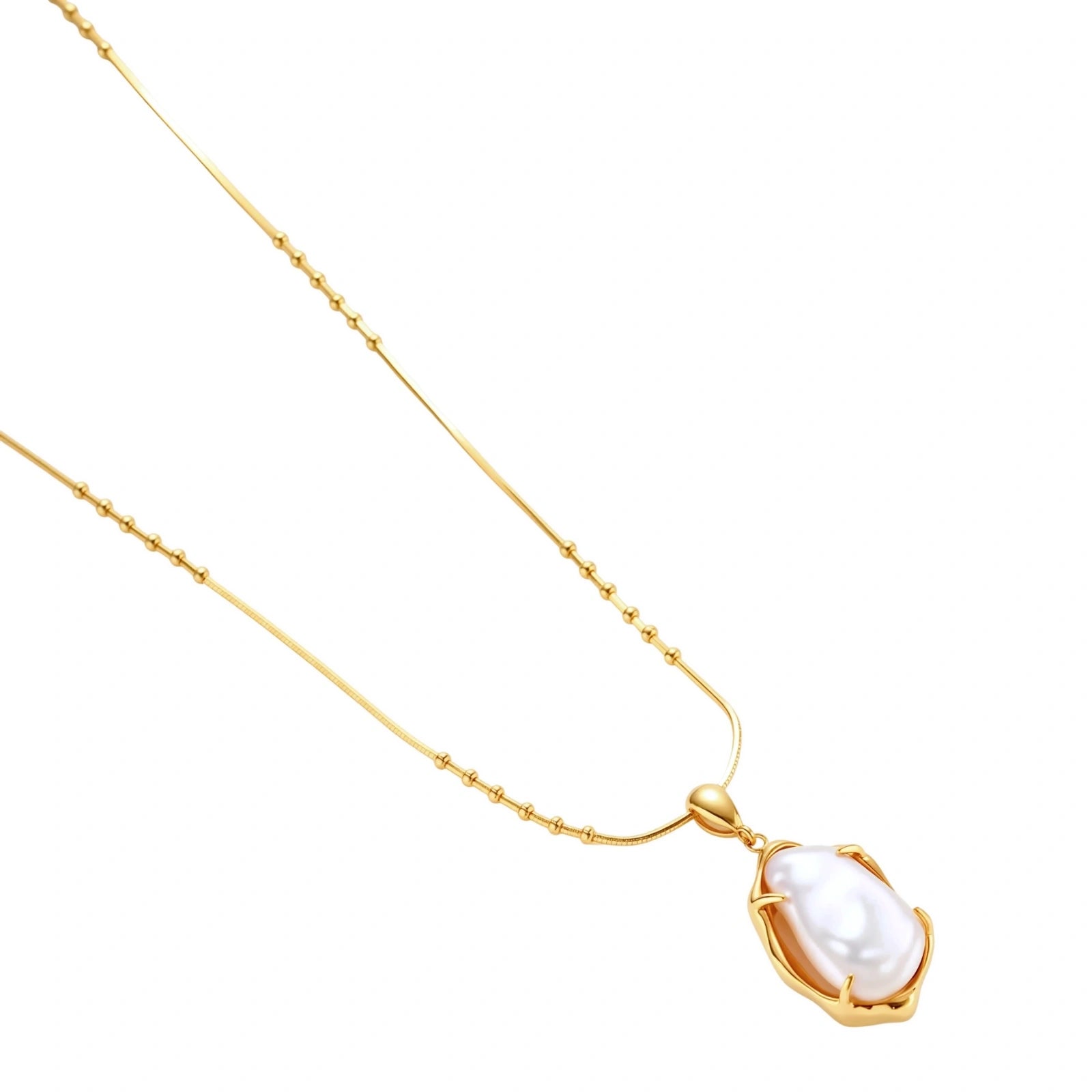 18K gold-plated sterling silver necklace with alternating bead chain and baroque pearl pendant on neutral background.