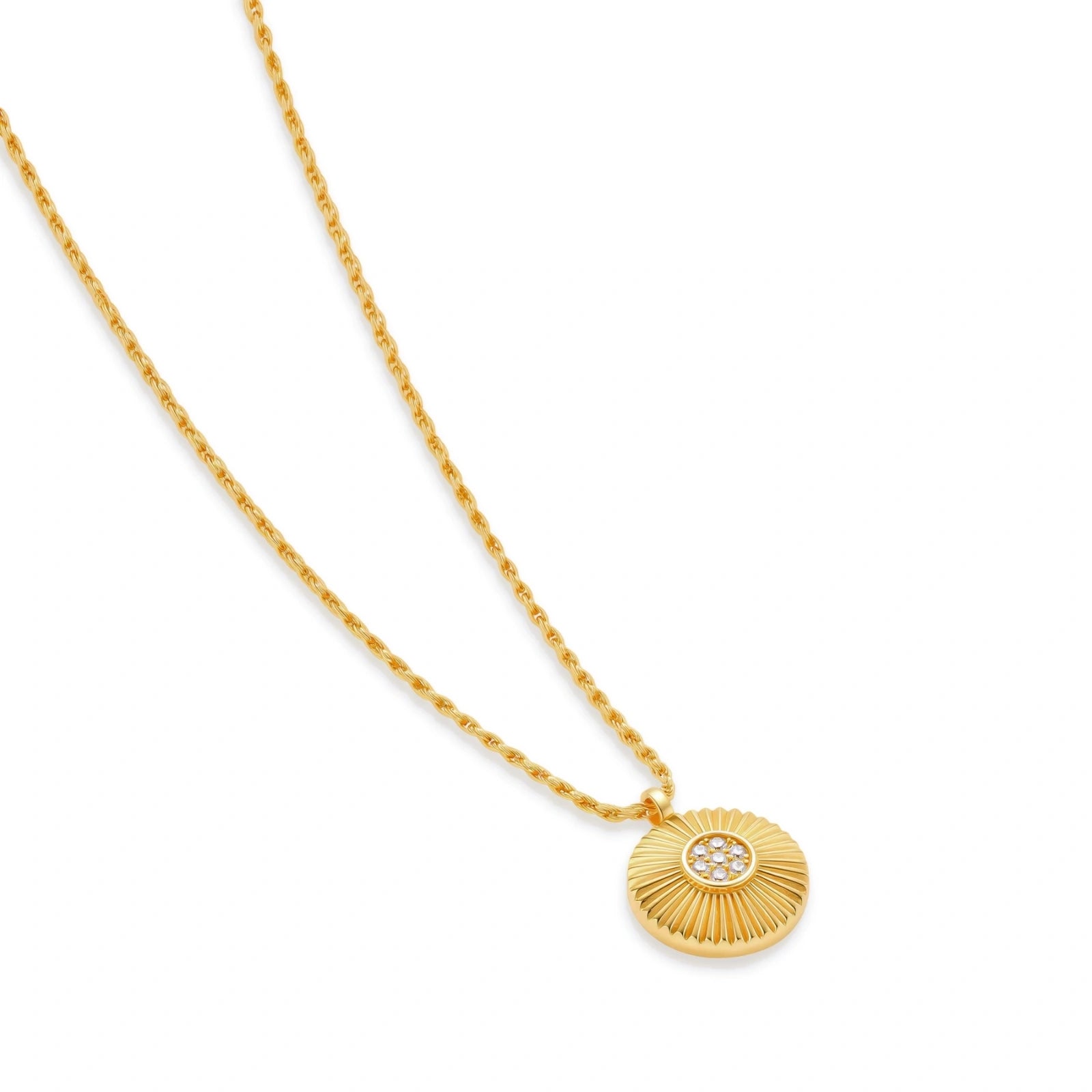 Gold-plated sterling silver necklace with sunburst pendant featuring radiating lines and cubic zirconia center stones