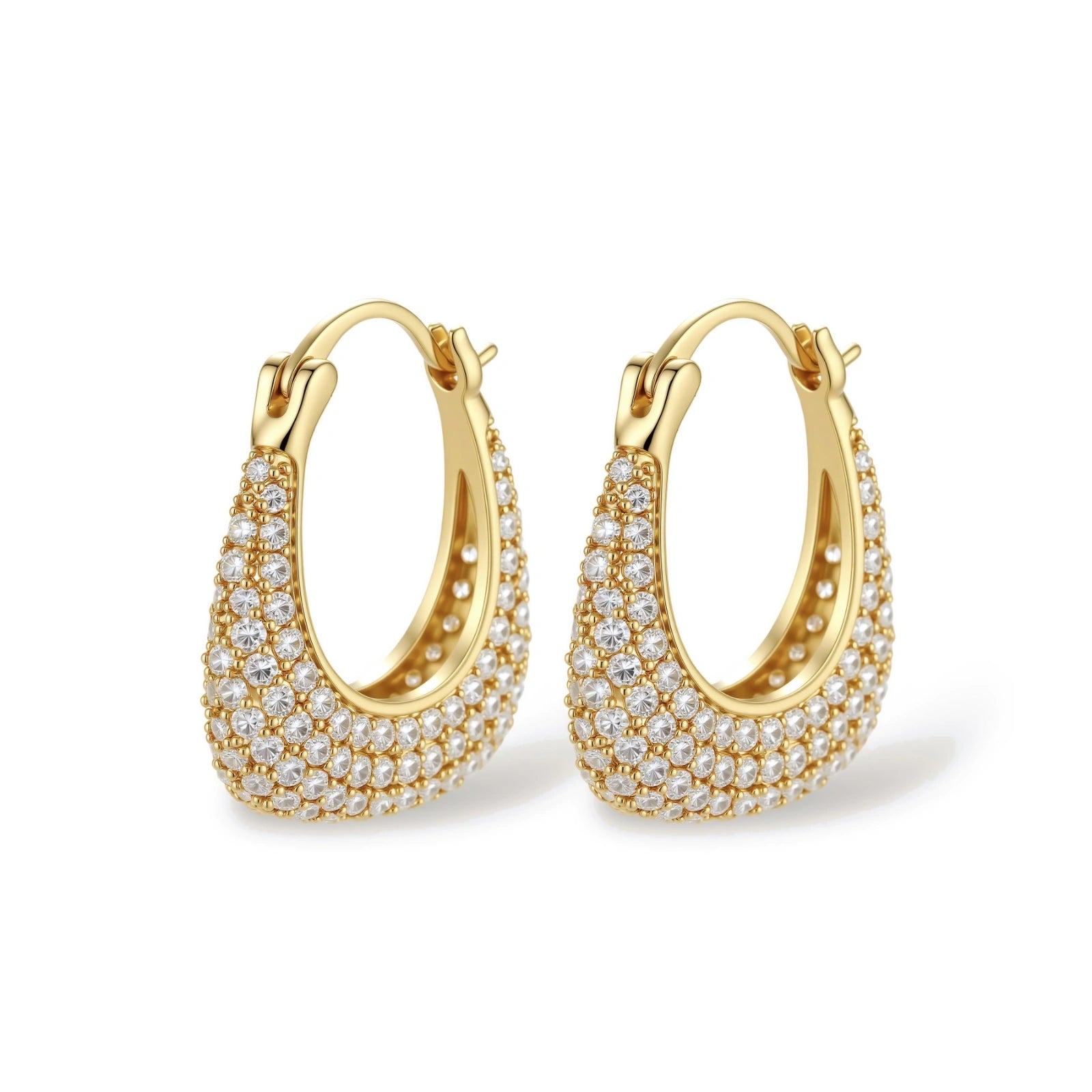 Gold-plated hoop earrings fully covered in sparkling zircon crystals with hinged closure on neutral background