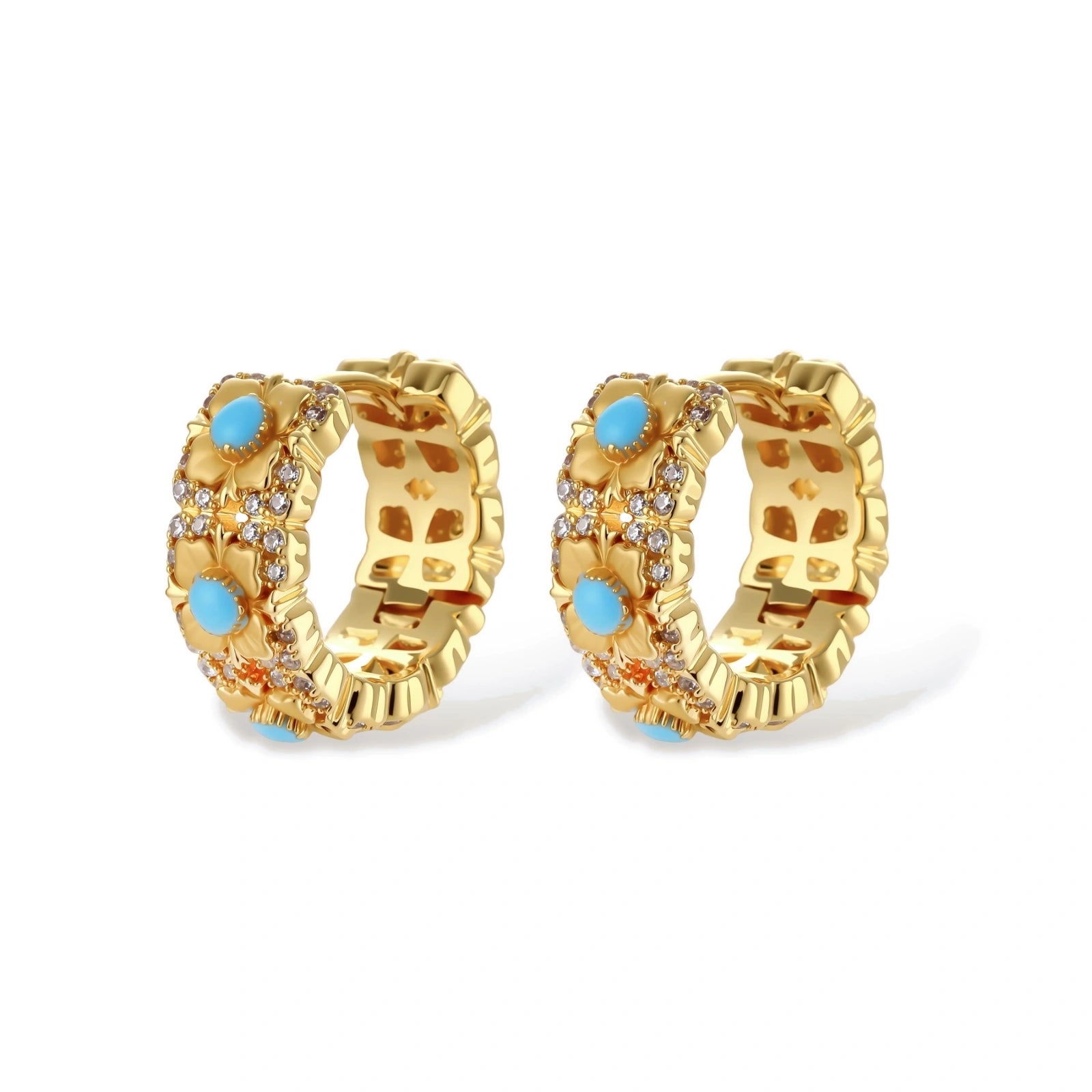 18K gold-plated hoop earrings with turquoise-centered flowers and crystal details on white background.