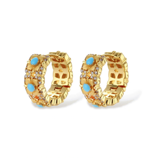 18K gold-plated hoop earrings with turquoise-centered flowers and crystal details on white background.