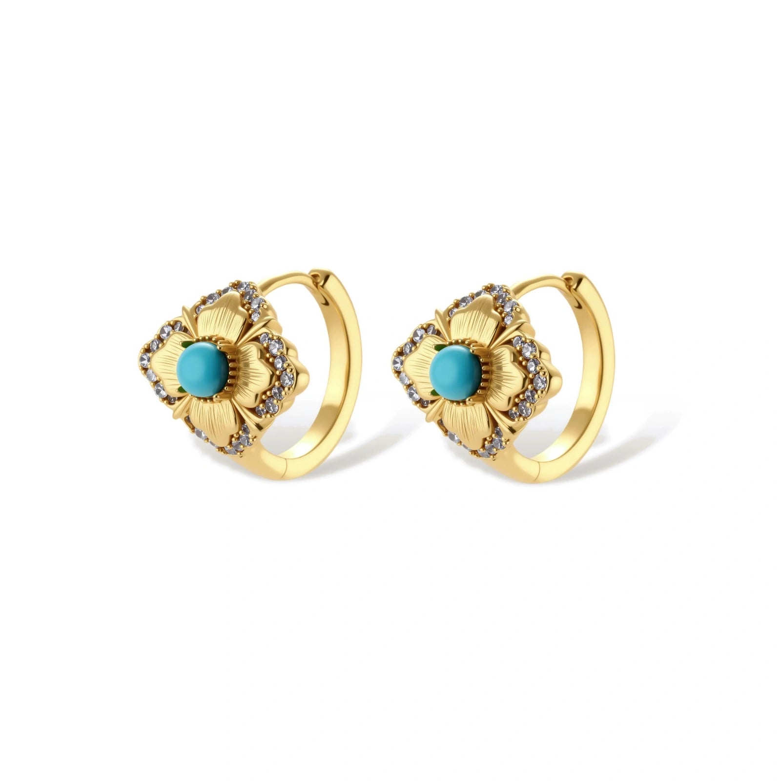 Close-up of 18K gold plated hoop earrings with turquoise center stones and zircon crystals in quatrefoil flower design
