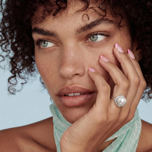 Sterling Silver Pearl Halo Dreams Ring by AlbaLuxe