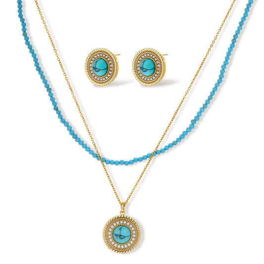 Gold-plated turquoise jewelry set with circular medallion pendant, beaded necklace, and matching stud earrings on white background