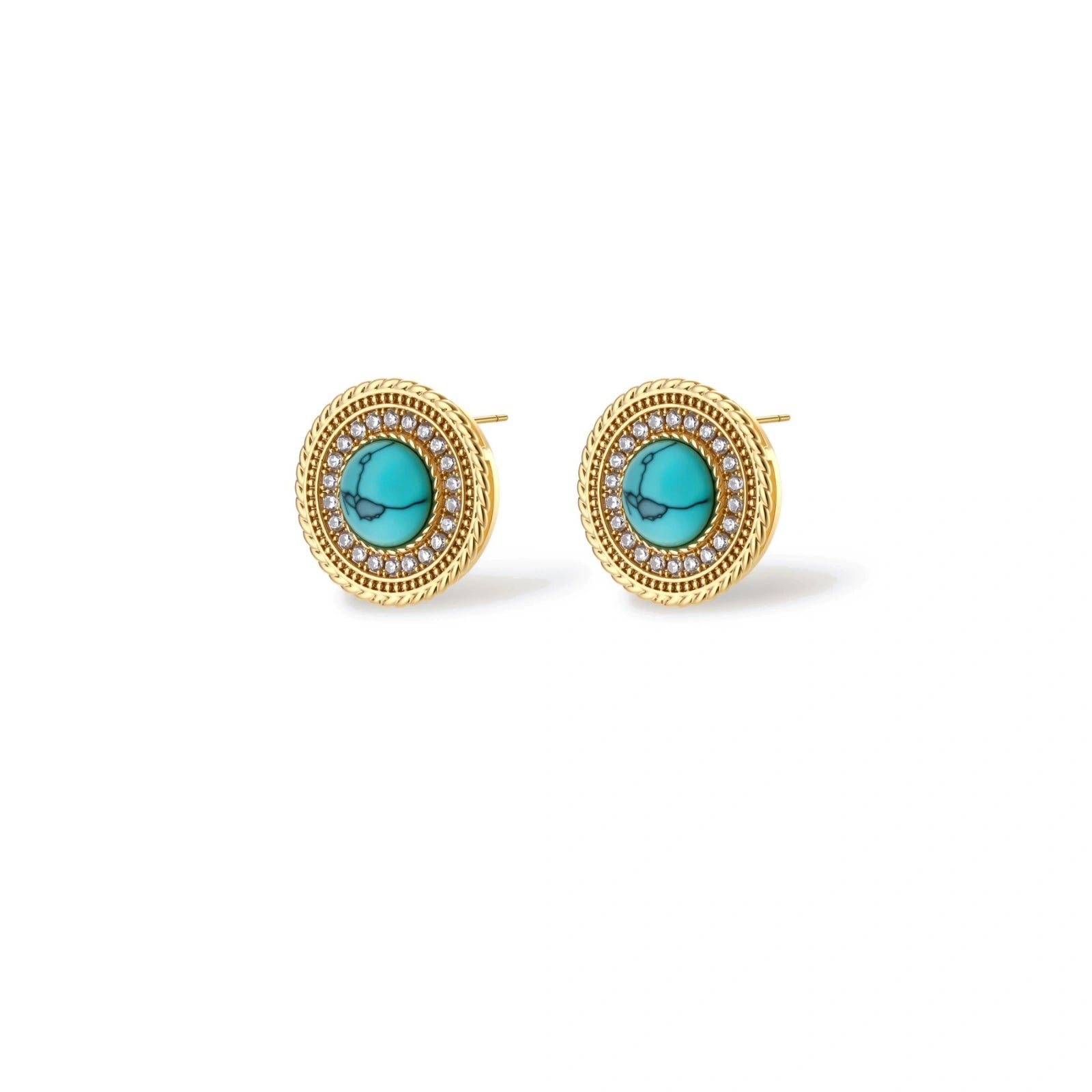 Gold-plated turquoise jewelry set with circular medallion pendant, beaded necklace, and matching stud earrings on white background