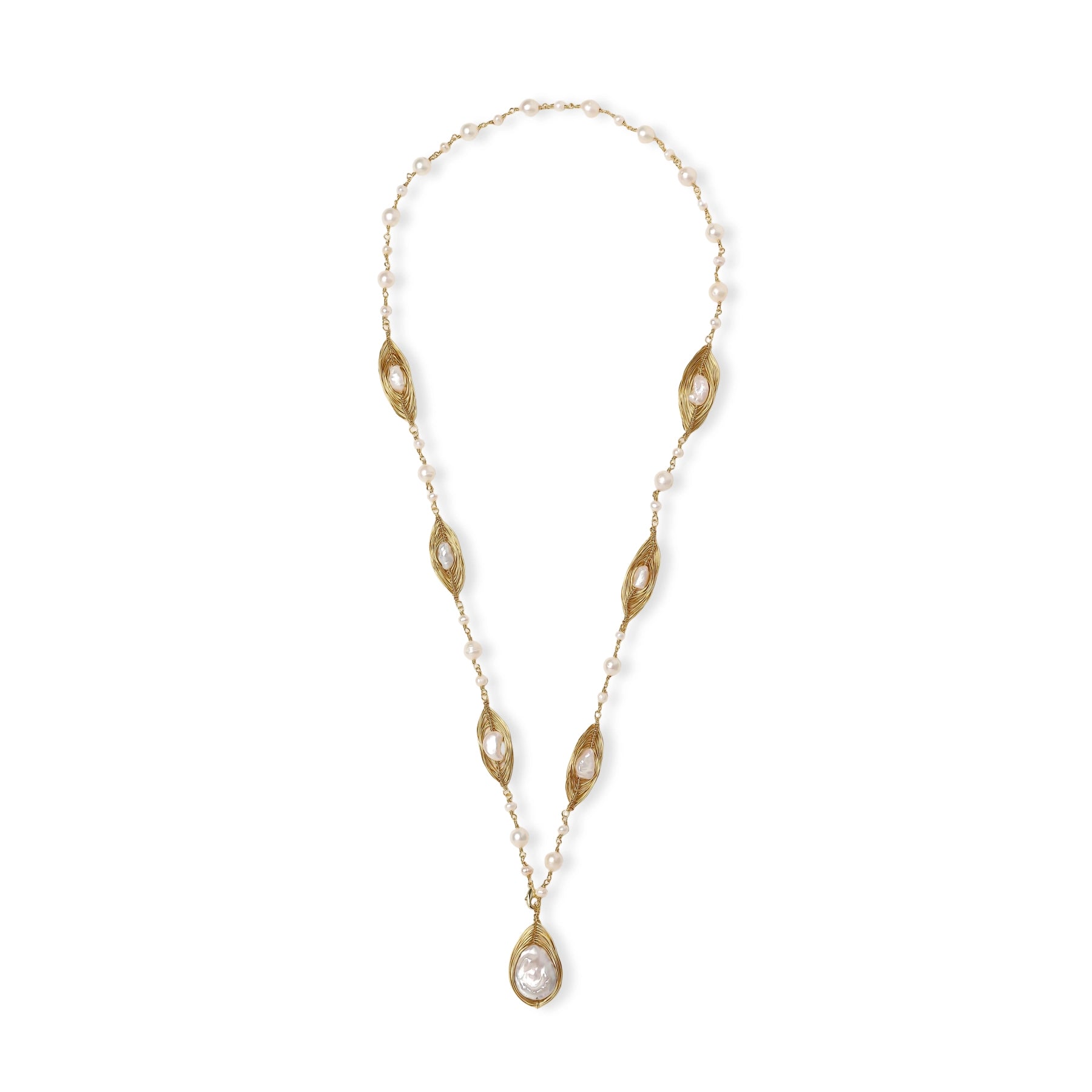 14K gold plated necklace with organic leaf motifs and freshwater pearls arranged in an elegant chain design on neutral background.