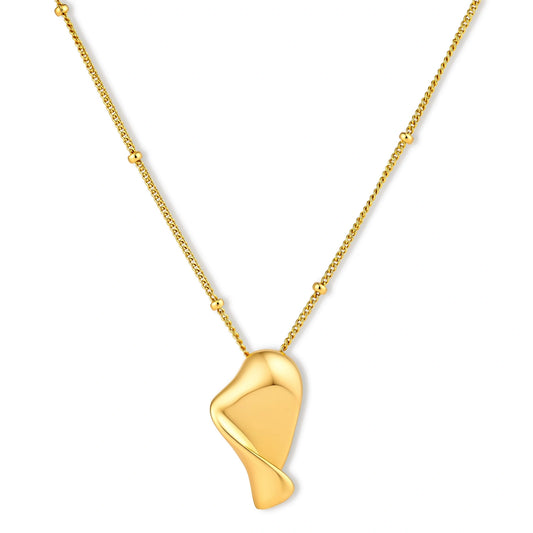 Gold-plated 925 sterling silver necklace with a twisted, fluid pendant and a beaded curb chain on a cream background.