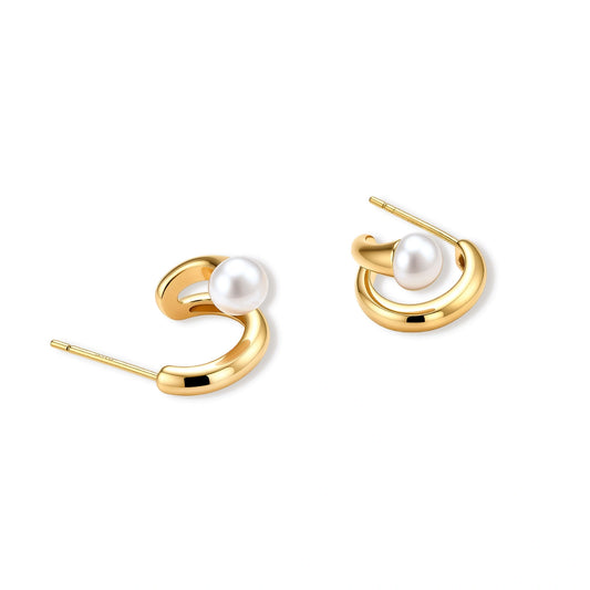 Pair of gold-plated sterling silver swirl hoop earrings with a round freshwater pearl, shown on a cream background.