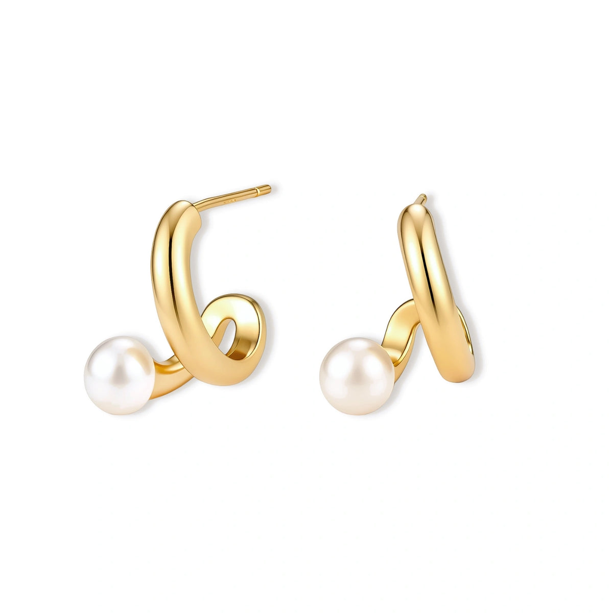 Pair of gold-plated sterling silver swirl hoop earrings with a round freshwater pearl, shown on a cream background.