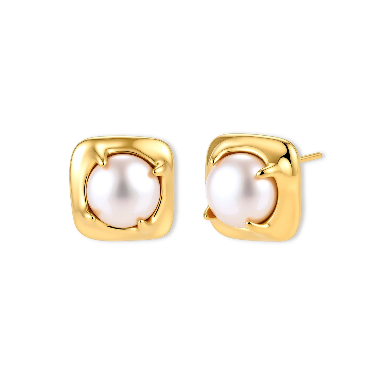 Pair of square gold-plated sterling silver stud earrings with sculpted molten edges and a round white freshwater pearl.