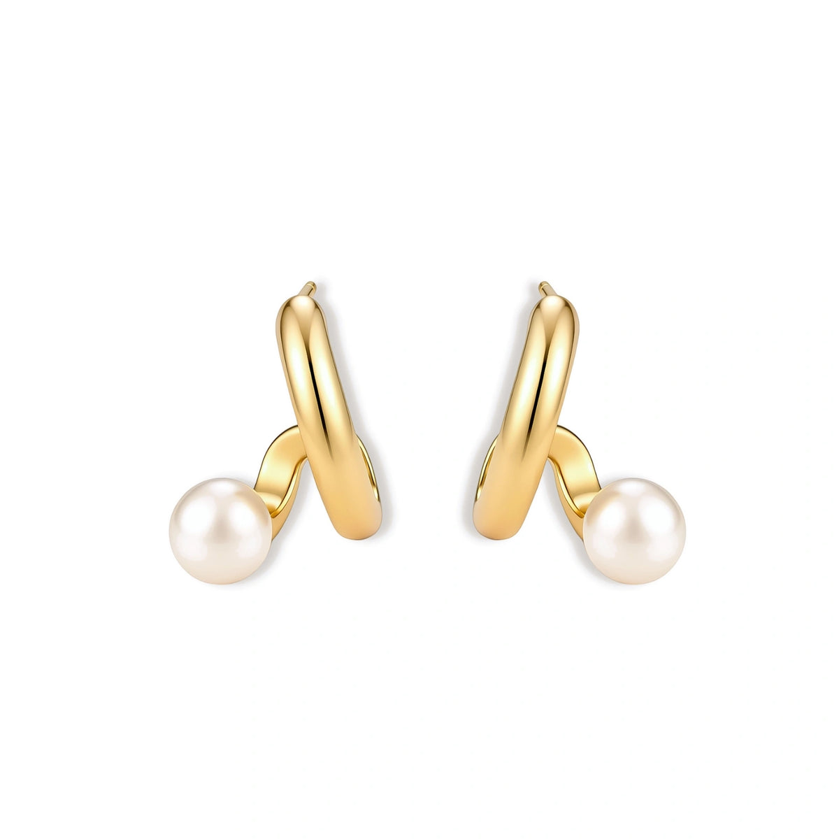 Pair of gold-plated sterling silver swirl hoop earrings with a round freshwater pearl, shown on a cream background.
