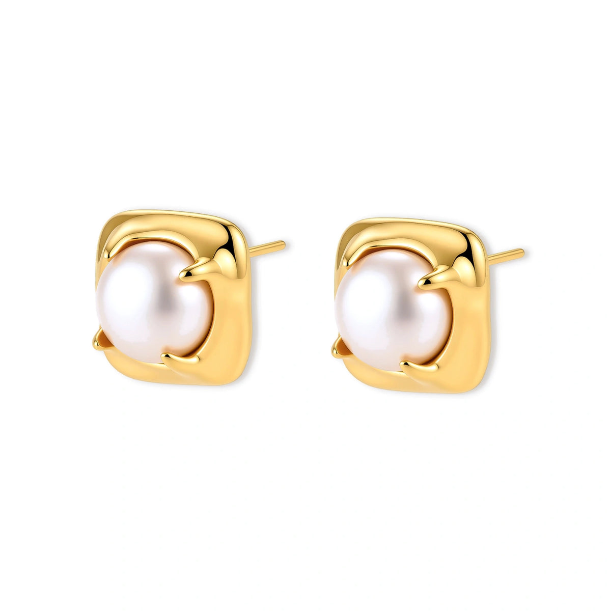 Pair of square gold-plated sterling silver stud earrings with sculpted molten edges and a round white freshwater pearl.