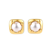 Pair of square gold-plated sterling silver stud earrings with sculpted molten edges and a round white freshwater pearl.