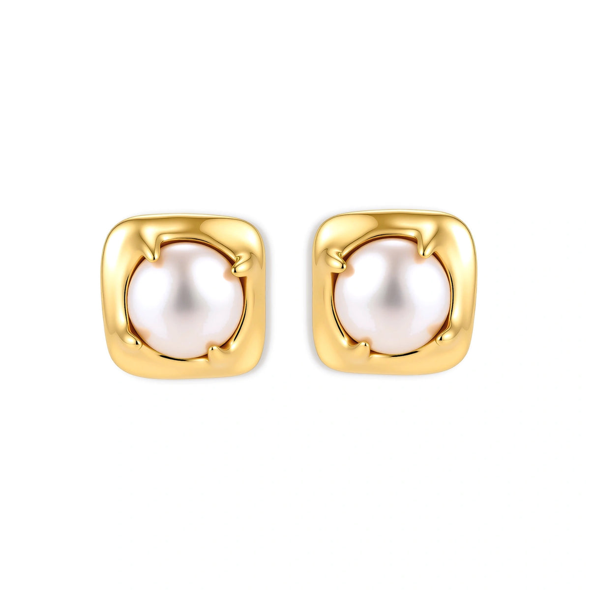 Pair of square gold-plated sterling silver stud earrings with sculpted molten edges and a round white freshwater pearl.