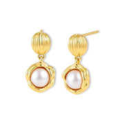 Gold-plated sterling silver drop earrings with a ribbed oval stud top and a freshwater pearl in a molten-textured gold frame.