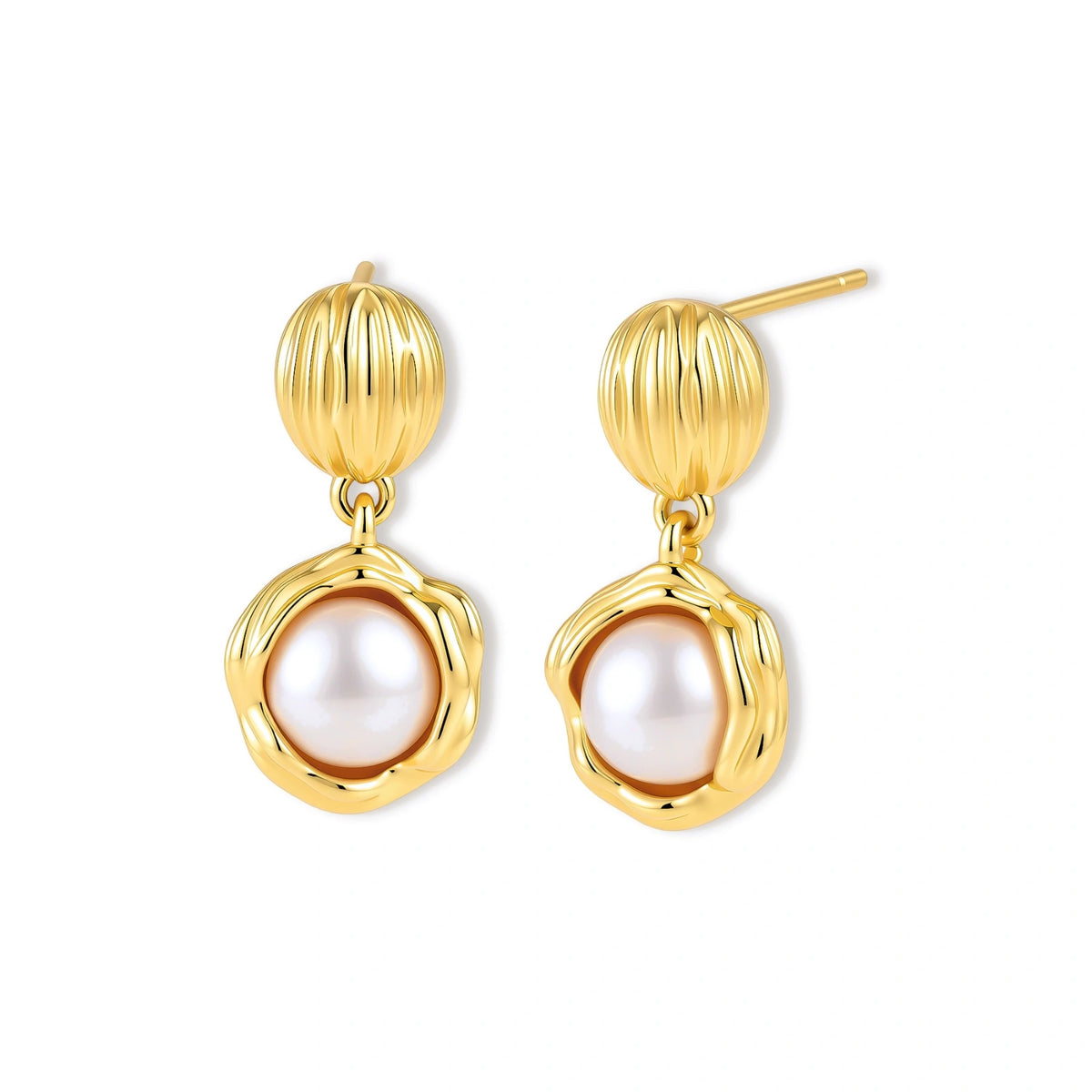 Gold-plated sterling silver drop earrings with a ribbed oval stud top and a freshwater pearl in a molten-textured gold frame.