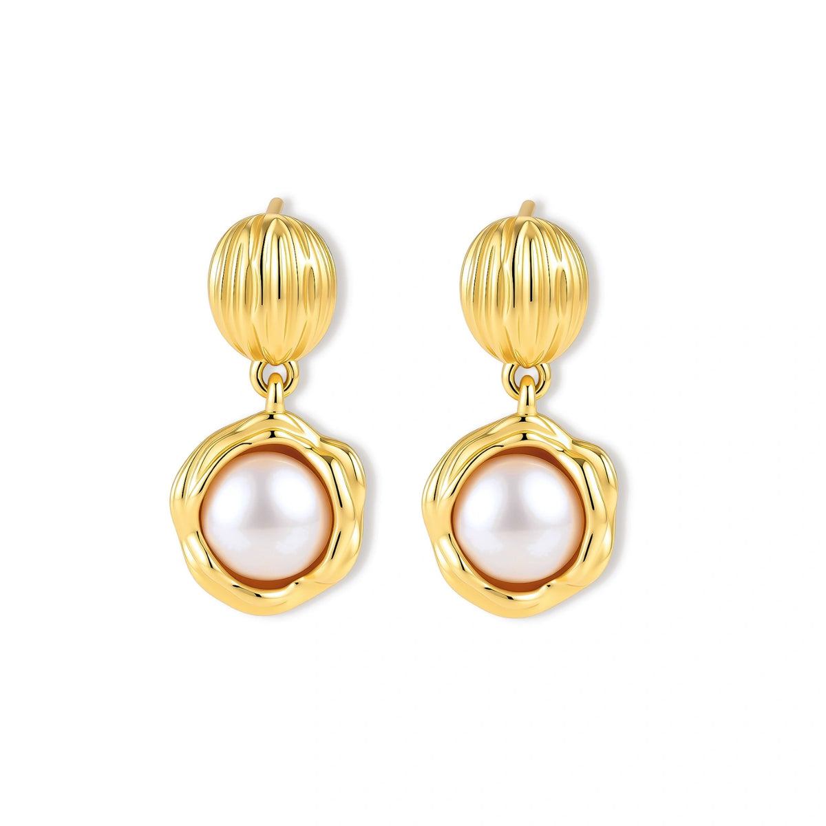 Gold-plated sterling silver drop earrings with a ribbed oval stud top and a freshwater pearl in a molten-textured gold frame.