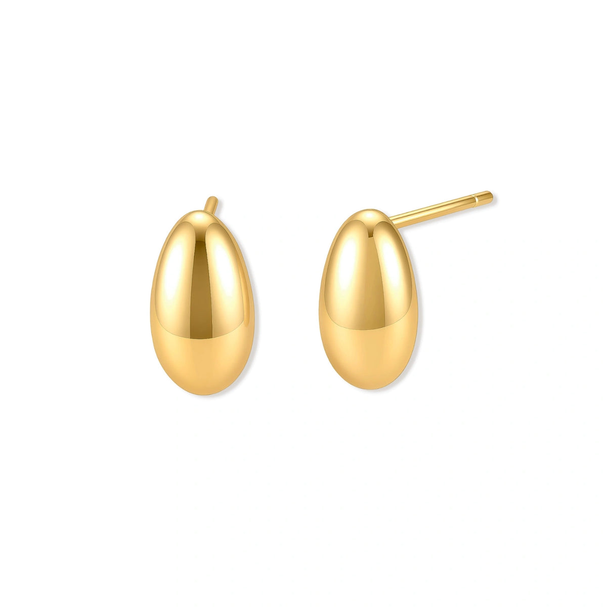 Pair of glossy gold-plated sterling silver oval droplet stud earrings with post backs on a cream background.