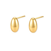 Pair of glossy gold-plated sterling silver oval droplet stud earrings with post backs on a cream background.
